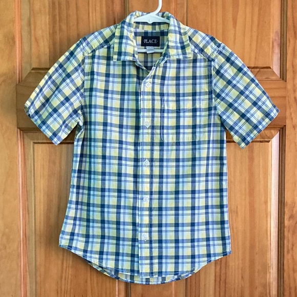 Boys size 7/8 Children’s Place blue and yellow plaid short sleeved button up - Picture 1 of 5